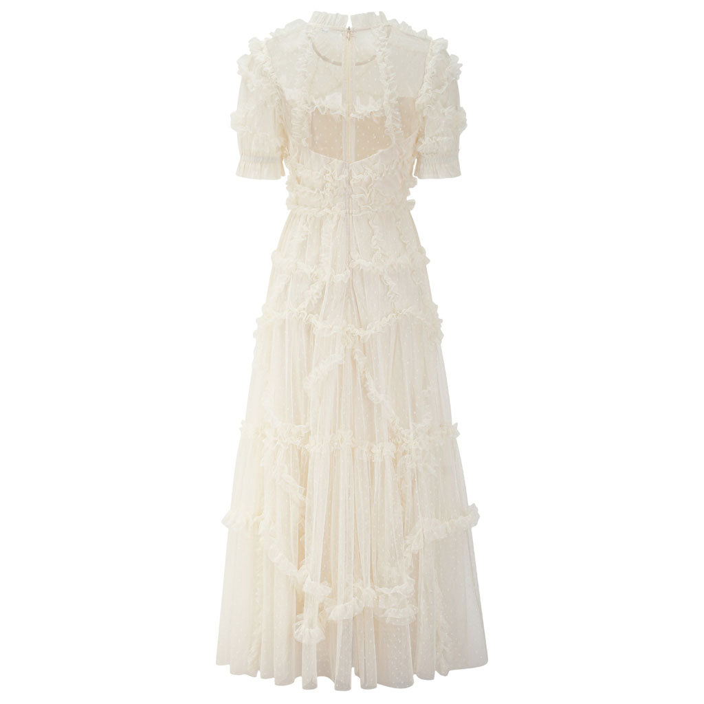 Robe longue à volants et manches courtes de style français en tulle à pois et à volants