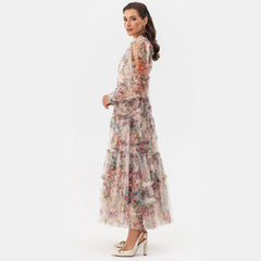 French Style High Neck Bishop Sleeve A Line Ruffle Tiered Floral Tulle Maxi Dress