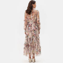 French Style High Neck Bishop Sleeve A Line Ruffle Tiered Floral Tulle Maxi Dress