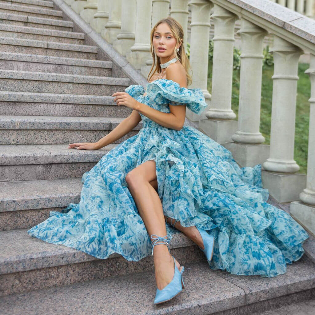 Robe longue à volants en organza fleuri à col en cœur et manches bouffantes de style français