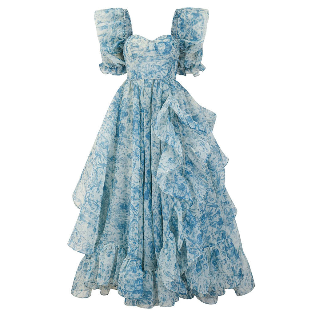 Robe longue à volants en organza fleuri à col en cœur et manches bouffantes de style français