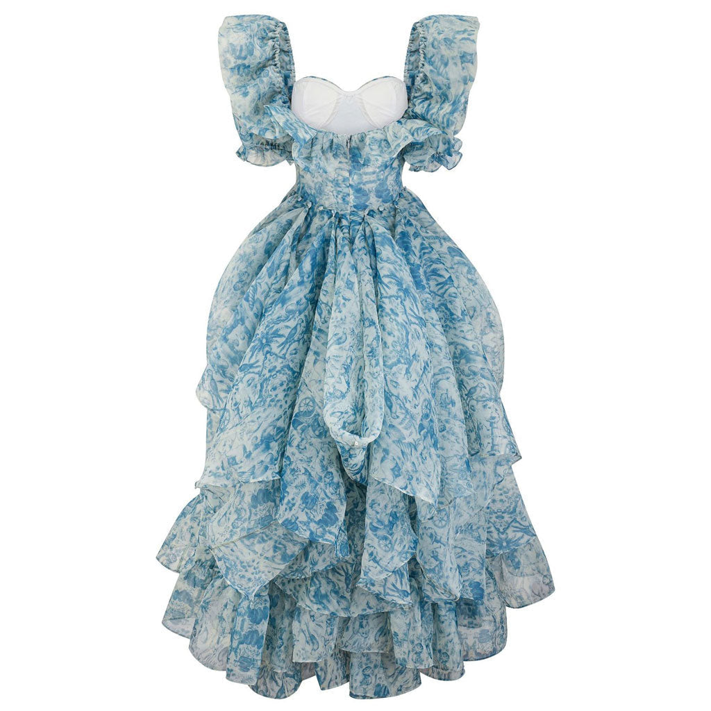 French Style Sweetheart Neck Puff Sleeve A Line Floral Organza Ruffle Tiered Maxi Dress