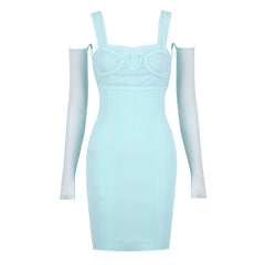 Fresh Sweetheart Cold Shoulder Suspended Strap Jacquard Bandage Mini Dress - Blue