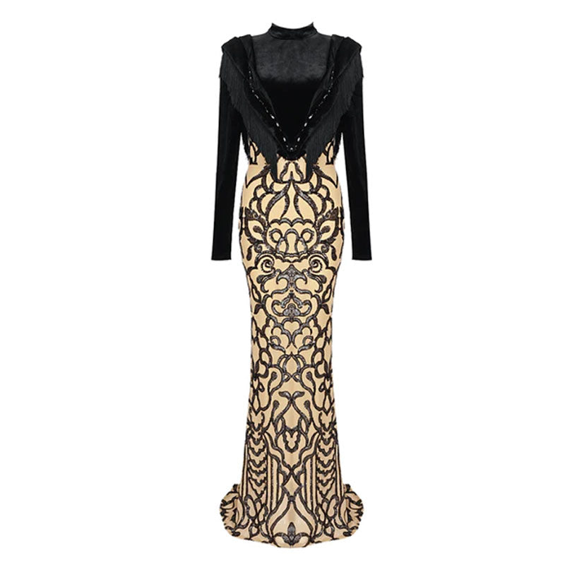 Robe longue sirène en velours à paillettes et col montant à franges - Noir