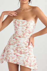 Glamorous Rose Printed Asymmetrical Ruched Strapless Corset Mini Dress - Floral