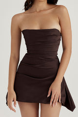 Glamorous Satin Asymmetrical Ruched Strapless Corset Party Mini Dress - Chocolate