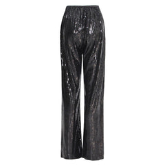 Glinting Drawstring Tie High Waist Zip Pocket Wide Leg Sequin Pants