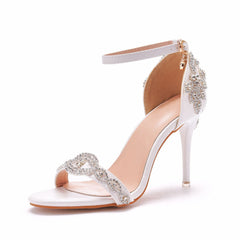 Glitzernde Strass-verzierte Knöchelriemen-High-Heel-Sandalen - Weiß