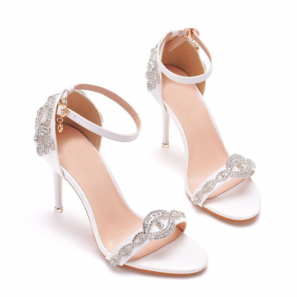 Glitzernde Strass-verzierte Knöchelriemen-High-Heel-Sandalen - Weiß