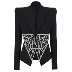 Glittered Crystal Corset Trim Peak Lapel Long Sleeve One Button Tailored Blazer