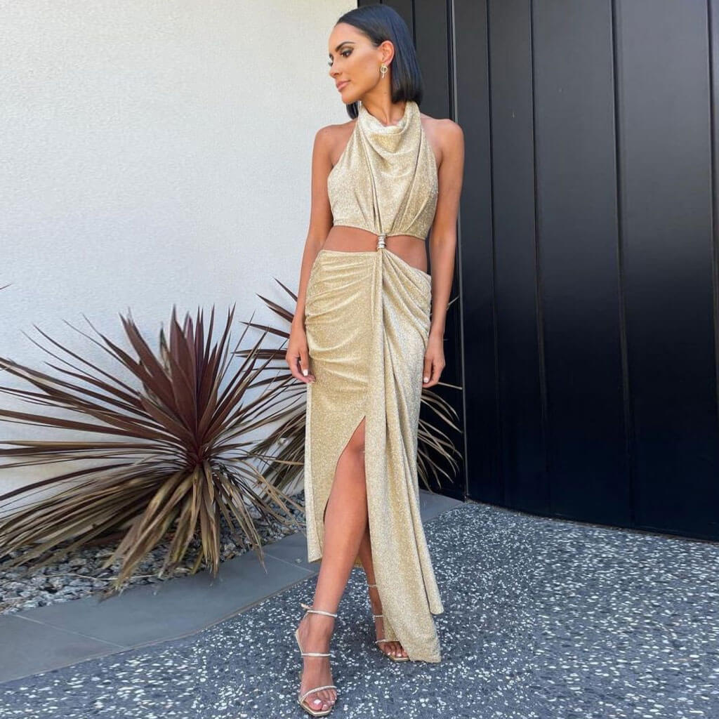 Glittering Draped Halter Metallic Chain CutOut Backless Midi Dress - Gold