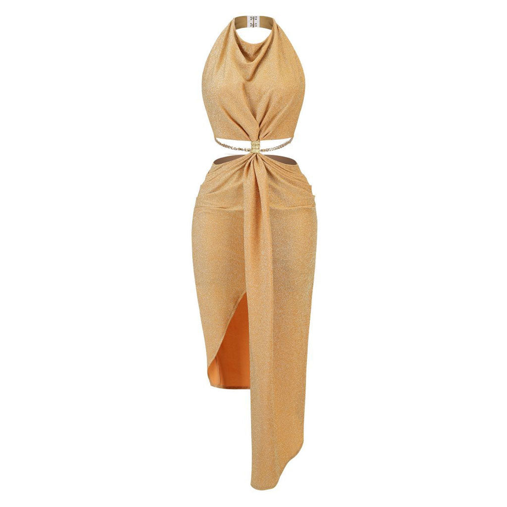 Glittering Draped Halter Metallic Chain Cutout Backless Midi Dress