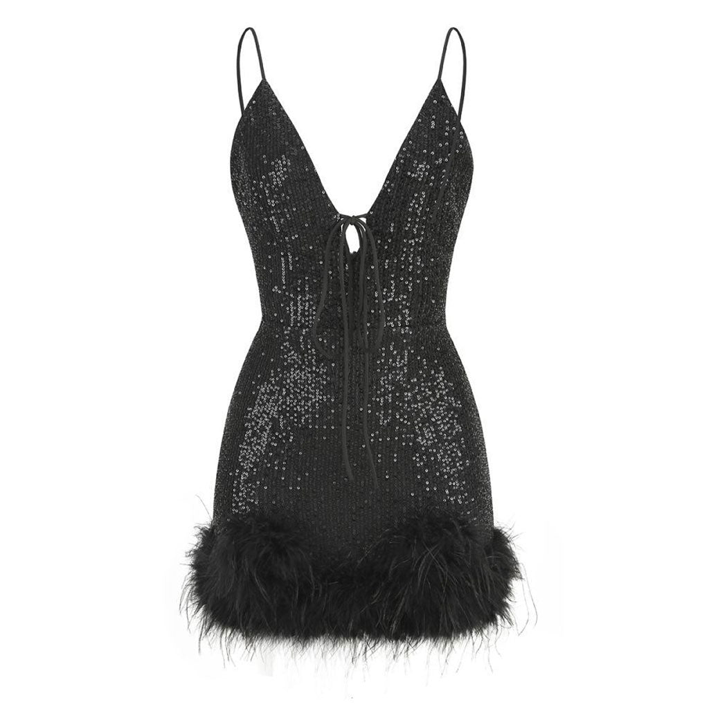 Glittering Sequin Feather Trim Tie Front Deep V Cami Backless Mini Party Dress