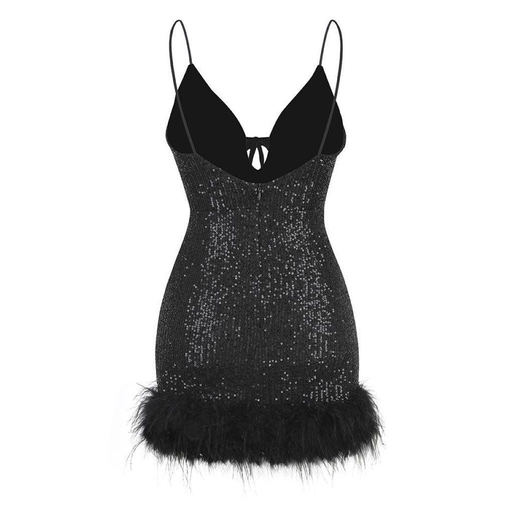 Glitzerndes Pailletten-Federbesatz-Krawatten-Vorderteil, tiefes V-Camisole, rückenfreies Mini-Partykleid