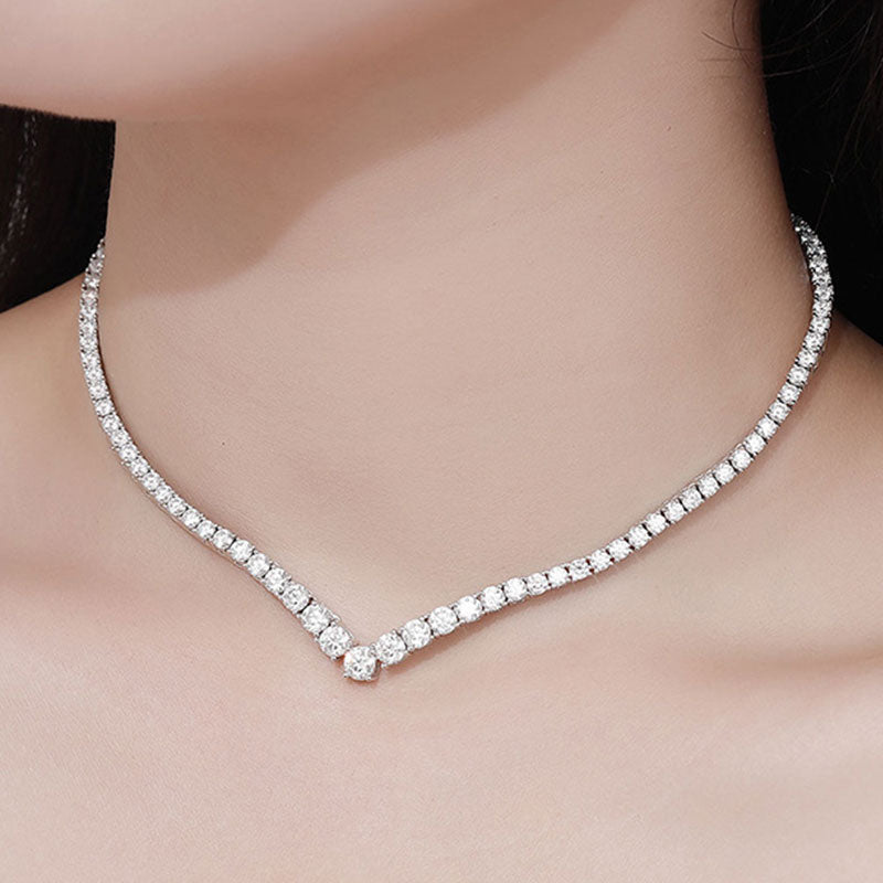 Glittering Sterling Silver V Shape Graduated Moissanite Tennis NeckLace