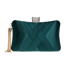 Glossy Rhinestone Embellished Fringe Braided Satin Clutch - Emerald Green