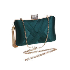 Glossy Rhinestone Embellished Fringe Braided Satin Clutch - Emerald Green