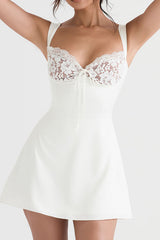 Glossy Satin Floral Lace Tie Front Sleeveless Mini Dress - White