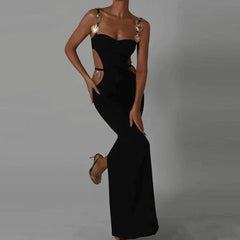 Gold Tone Metal Detail Sweetheart Side CutOut Back Slit Bandage Maxi Dress - Black