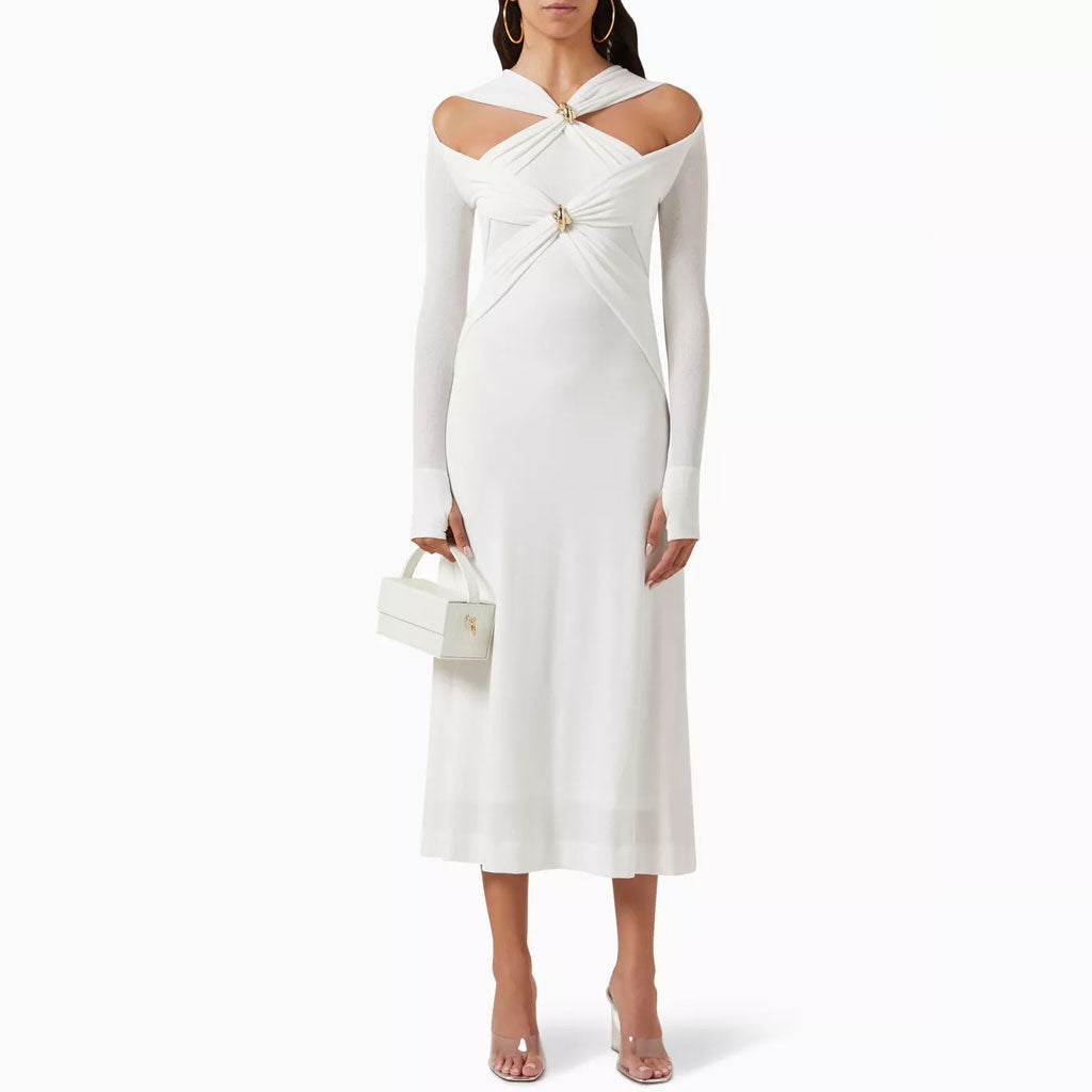 Graceful Metallic Accent V Neck Ruched CutOut Long Sleeve Sweater Midi Dress