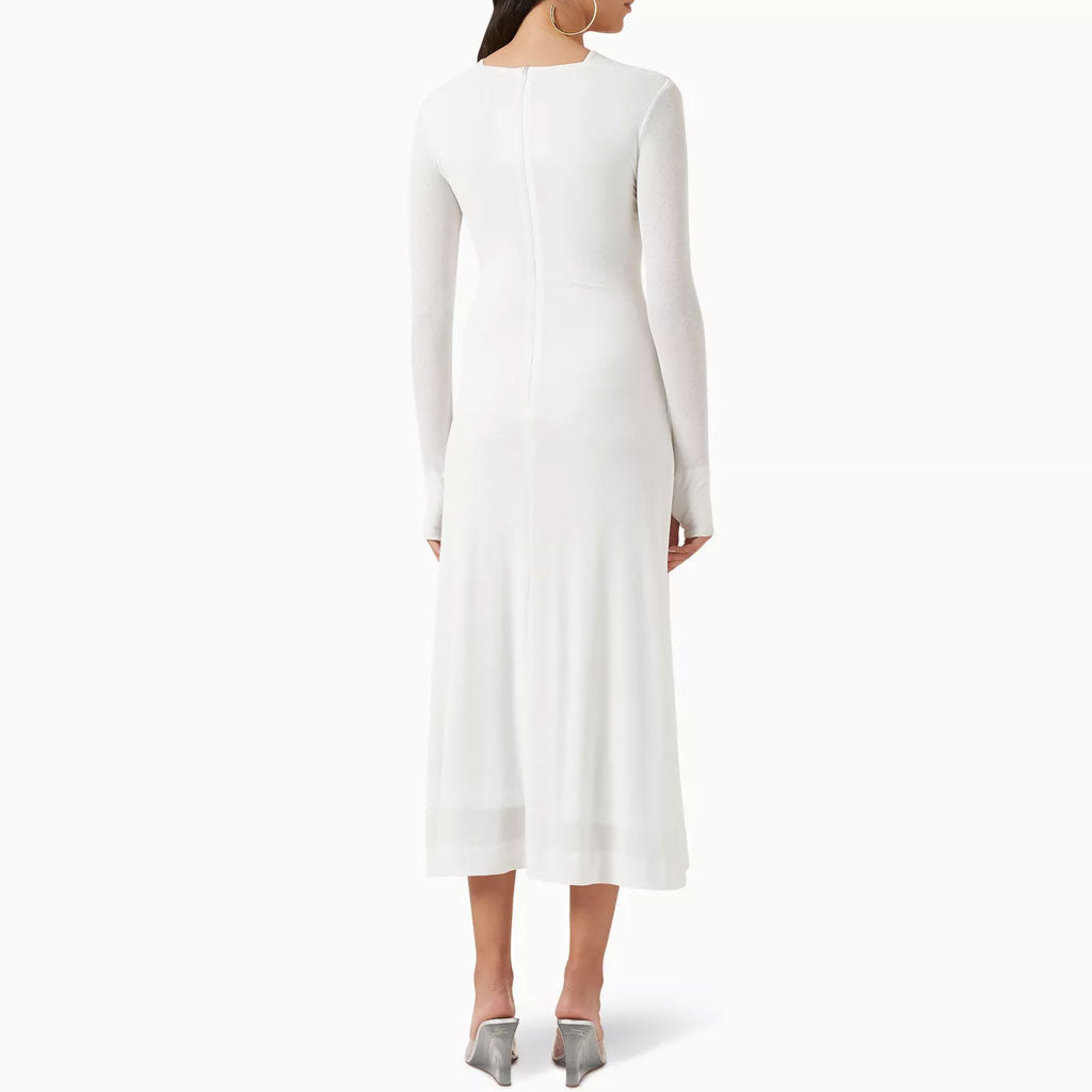 Graceful Metallic Accent V Neck Ruched CutOut Long Sleeve Sweater Midi Dress