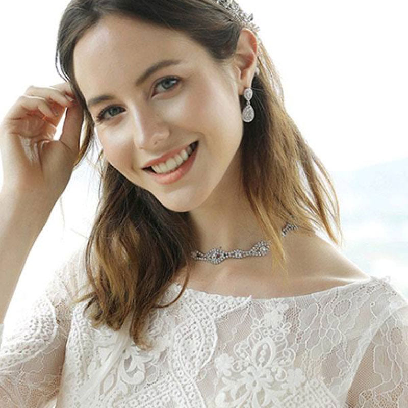 Graceful Rhinestone Embellished Bridal Backdrop NeckLace - Silver