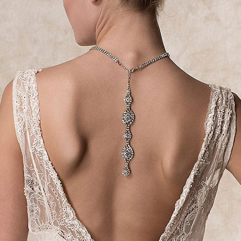 Graceful Rhinestone Embellished Bridal Backdrop NeckLace - Silver