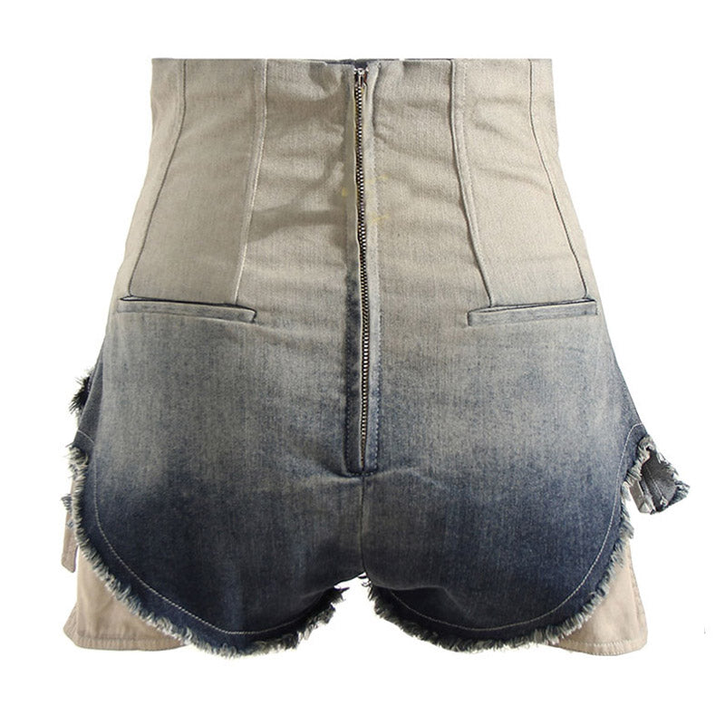 Gradient Distressed Raw Trim High Waist Micro Denim Shorts