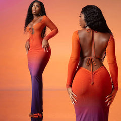 YAYOU figurbetontes Maxikleid mit Farbverlauf