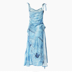 Graphic Denim Print Cowl Neck Shoulder Tie Side Wrap Slip Midi Dress