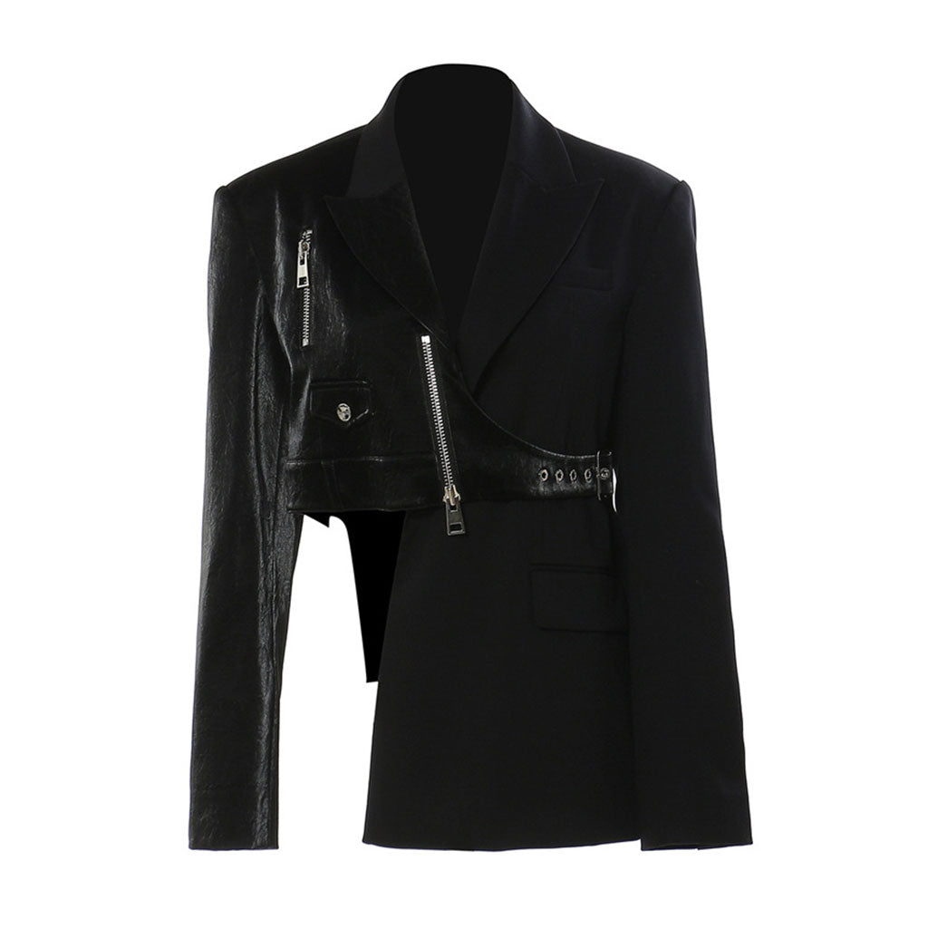 Grunge Deconstructed Lapel Collar Zipper Up Vegan Leather Belted Blazer