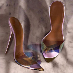 Mules à talons hauts et bout pointu en PVC transparent holographique - Violet