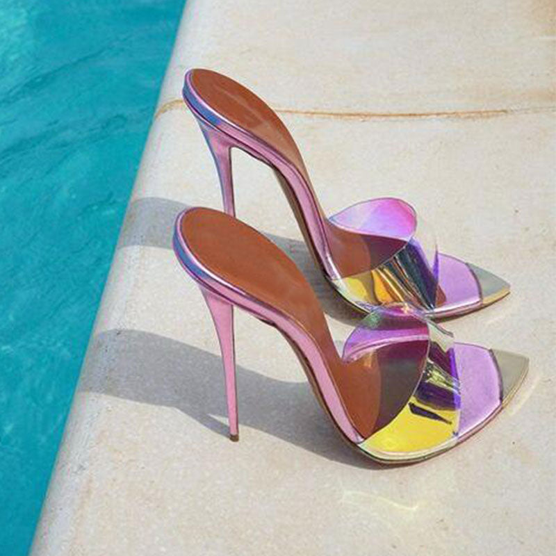 Mules à talons hauts et bout pointu en PVC transparent holographique - Violet