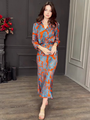 Satin Print Lapel Skirt Set(with belt)