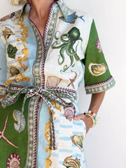 Button-Down Collar Aquatic-Print Dress