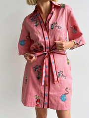 Linen Button-Down Collar Print Dress