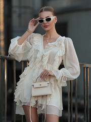 Balloon Sleeve Tie Ruffle Dress