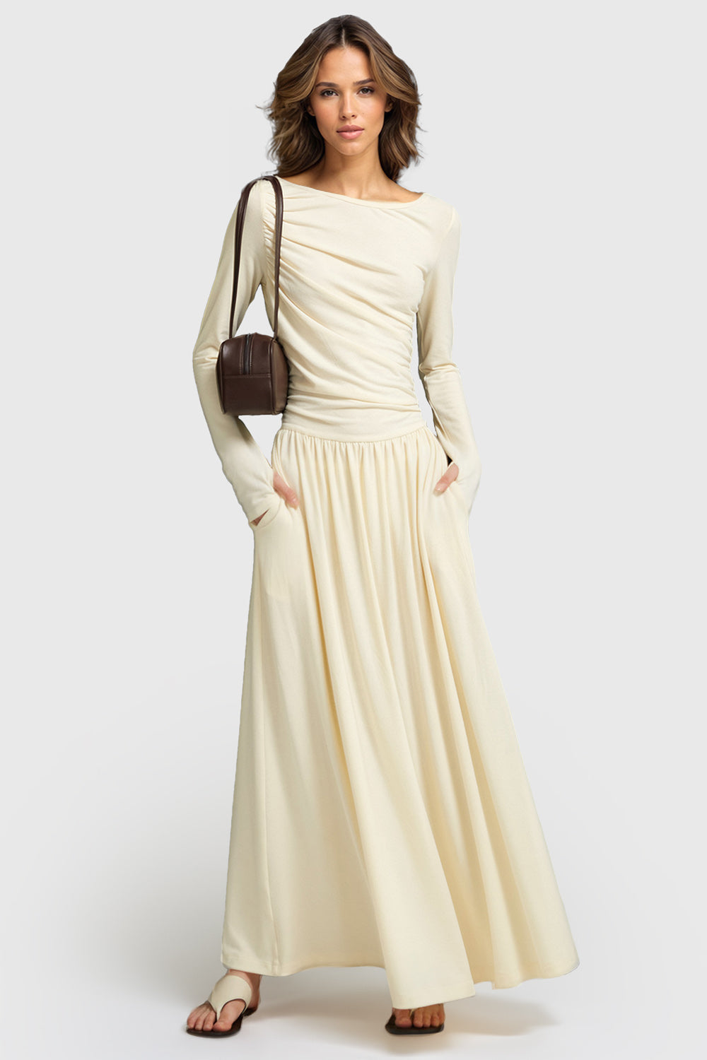 Ruched Midi Dress with Boat Neckline - Beige