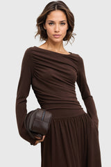 Ruched Midi Dress with Boat Neckline - Brown