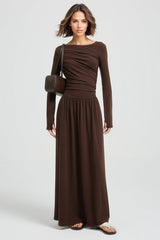 Ruched Midi Dress with Boat Neckline - Brown