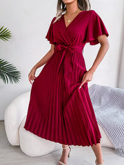 Plissiertes Midikleid mit V-Ausschnitt und Bindegürtel