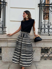 Stripe Print Pleated A-Line Skirt