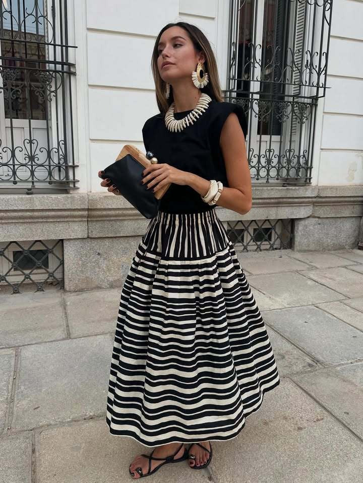 Stripe Print Pleated A-Line Skirt