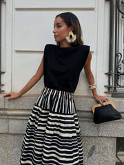 Stripe Print Pleated A-Line Skirt