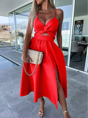Split Low Back Twist Front V Neck Halter Vacation Maxi Dress - Navy