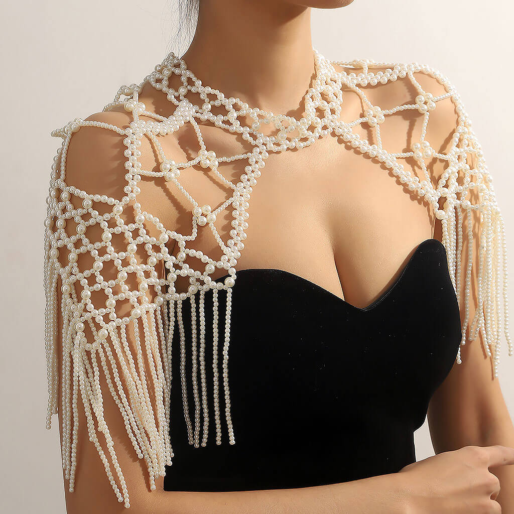 IT IS BAROQUE Macrame Fringe Imitation Pearl Choker Body Chain