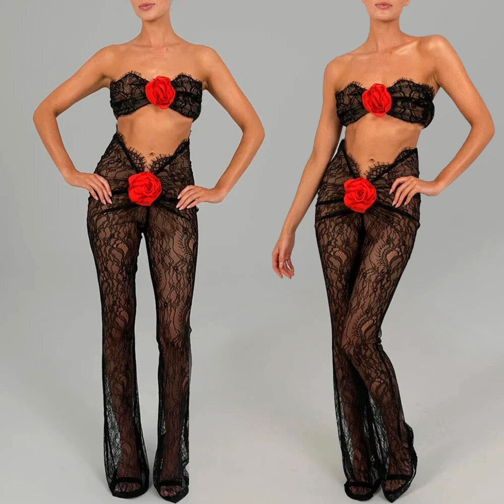 AMMEL CUT Out Lace JUMPSUIT with RED ROSE BOWS