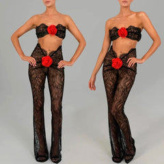 AMMEL CUT Out Lace JUMPSUIT with RED ROSE BOWS