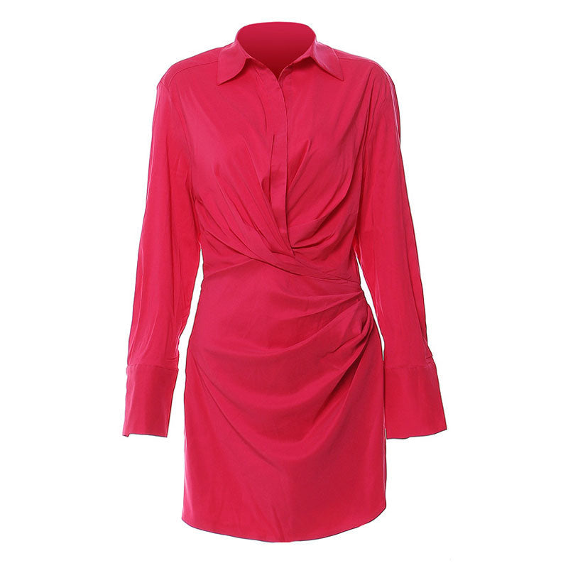 Lavish Collared V Neck Crystal Accent Long Sleeve Draped Waist Mini Shirt Dress