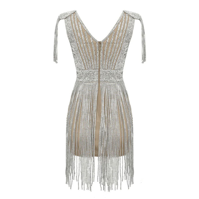 Lavish Plunging Neck Tassel Shoulder High Waist Crystal Fringe Mini Dress